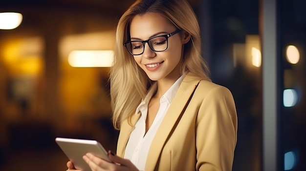 zakenvrouw zoekt informatie op haar tablet