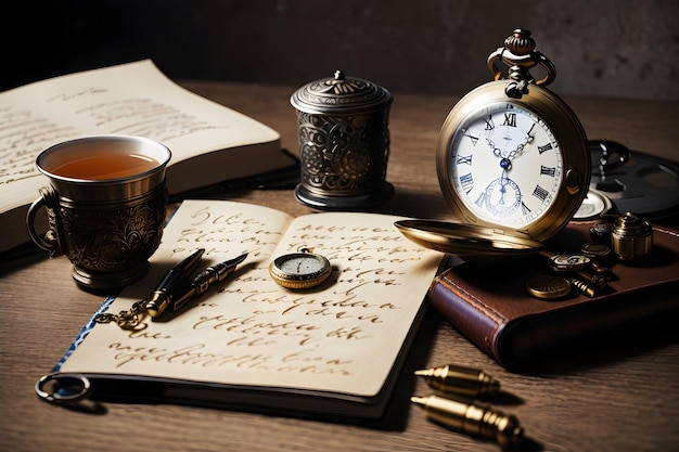 zakhorloge op een tafel met handgeschreven brieven en kogels voor oorlogsvoering