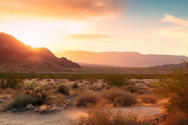 Zalige zonsondergang over rustige woestijnvallei met majestueuze bergen op de achtergrond