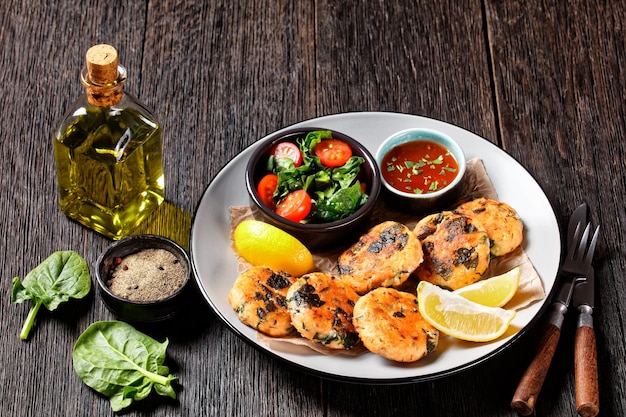 Zalm en spinazie viskoekjes met verse groentesalade, partjes citroen en zoete chilisaus op een bord op een houten tafel