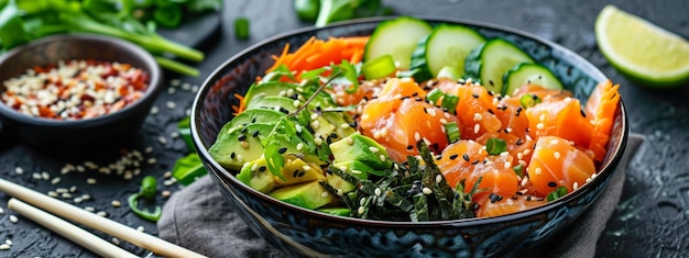 Zalm met avocado zeewier ingelegde wortels