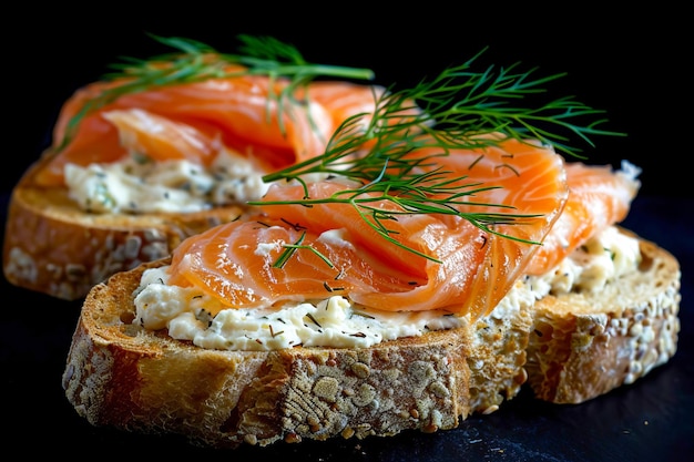 Zalm met roomkaas op toast met dille op een zwarte achtergrond gegenereerd door AI