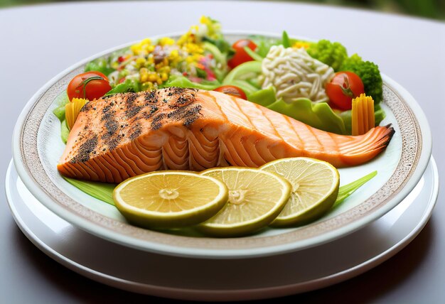 Zalmsalade met citroen en groenten op een witte plaat close-up