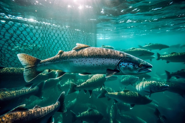 Zalmschool zwemmen in een aquacultuurkwekerij in open zee