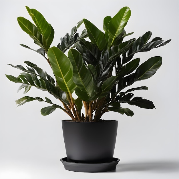 zamioculcas zamiifolia in a black pot on a white background Generative AI