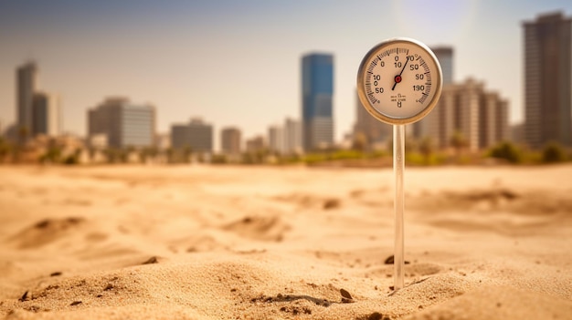 zand en thermometer met meetlint op een wazige achtergrond op het strand