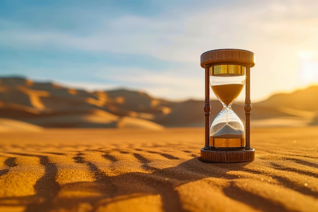 Zand gevulde zandklok zit op het zandstrand met de zon die er doorheen schijnt