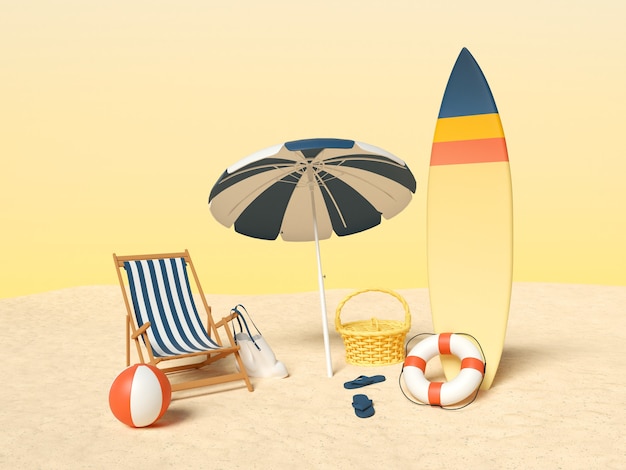 Zand met stoel en parasol en zomerelementen. Zomervakantie concept.