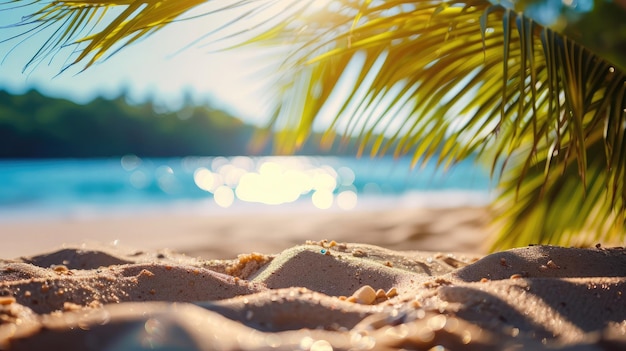Zand met wazig palm en tropisch strand bokeh achtergrond Zomervakantie en reisconcept Kopieer ruimte