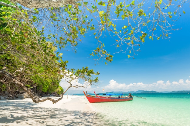 Zand strand en lange staart boot op khang khao island (bat eiland), de prachtige zee provincie ranong, thailand.