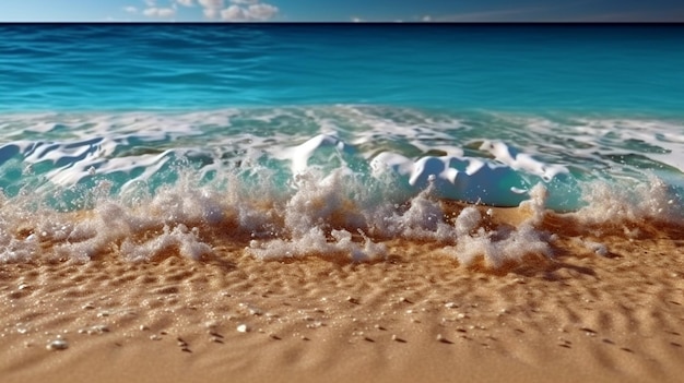 Zand tegen turkoois zeewater Zachte golf van blauwe oceaan op zandstrand Achtergrond generatieve ai