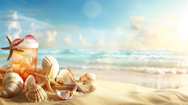 Zandduinen aan zee schelpen sandalen zonnebril cocktail achtergrond strand