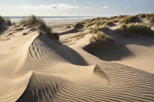 Zandduinen in de vorm van golven met toppen en dalen