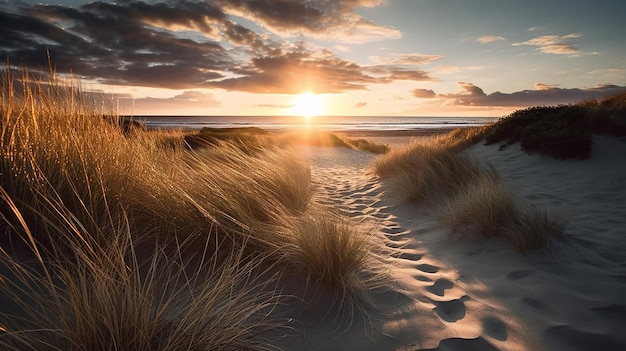 Zandduinen op het strand bij zonsondergang Generatieve AI