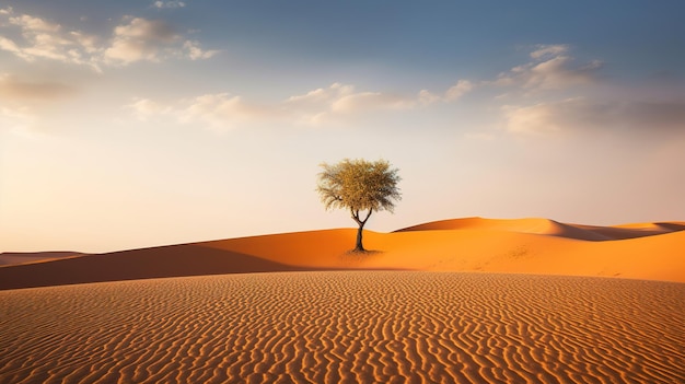 Zandduinwoestijn met één boom.