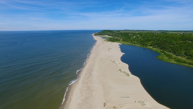 Zandige oceaankust blauw water dichte vegetatie