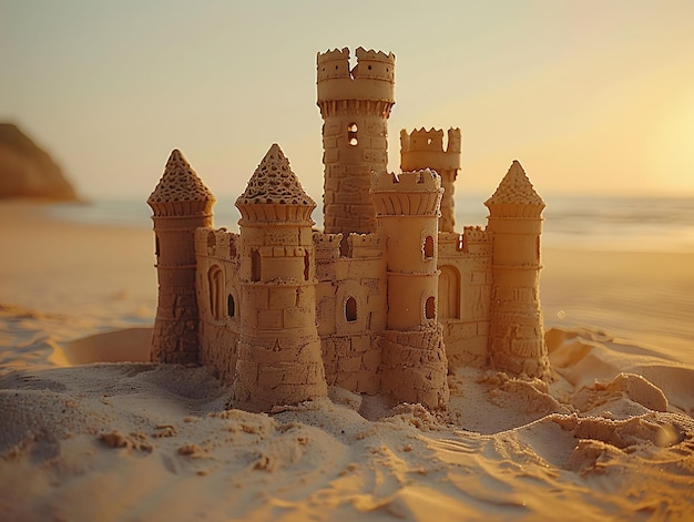 Zandkasteel als silhouet schaduw met torens en muren Creatieve foto van elegante achtergrond