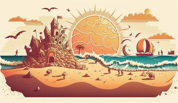 Zandkasteel en zonsondergang een speelse illustratie Generatieve AI