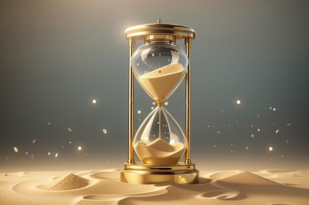 Zandklok vintage klok timer met transparant glas en gouden deeltjes Banner van de looptijd laden concept met zandklok en kopieerruimte 3d render illustratie 3D illustratie