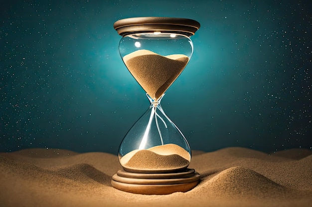 Zandloper in de woestijn Zand loopt door bollen zandloper meet de tijd die verstrijkt in het aftellen naar de deadline op donkerblauwe achtergrond Generatieve AI