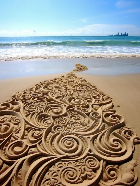 Foto zandsculptuur op het strand met een handgetekend ontwerp.