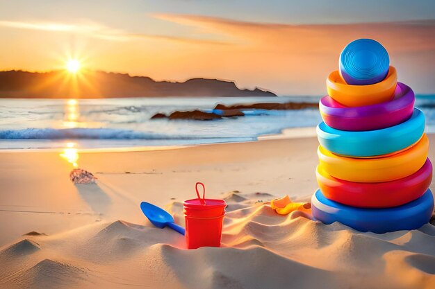 Zandspeelgoed op het strand met een zonsondergang op de achtergrond
