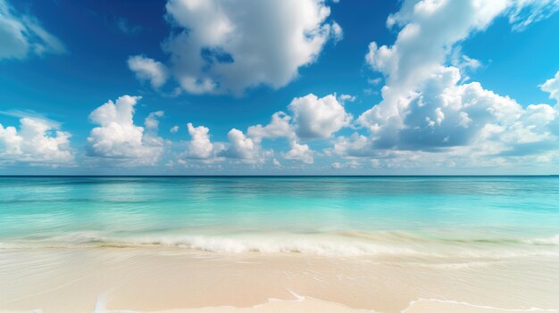 Foto zandstrand met blauwe lucht en witte wolken