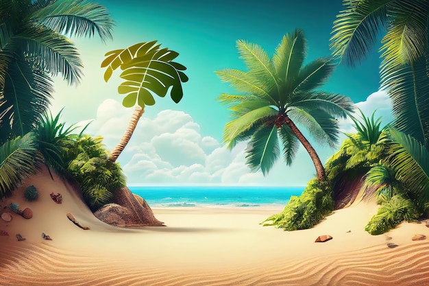 Zandstrand met palmbomen en turquoise zee Generatieve Ai