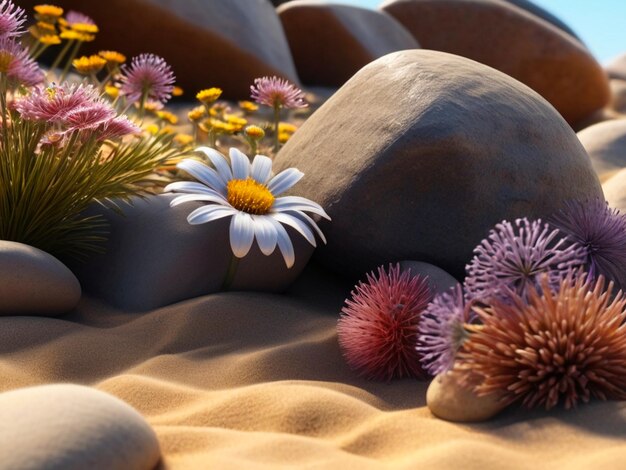 Foto zandstrand met veel bloemen gegenereerd door ai