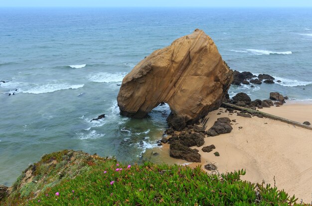 Zandstrand Praia de Santa Cruz met rotsformatie (Portugal). Mistig weer.