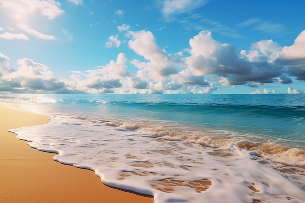 Foto zandstrandblauwe wolken, zachte oceaangolven en warm zonsonderganglicht creëren een serene sfeer