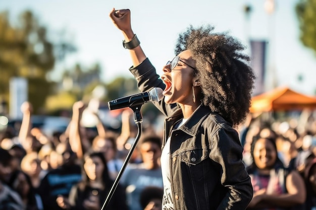 Foto zanger die in de microfoon zingt bij een voorstelling van ai