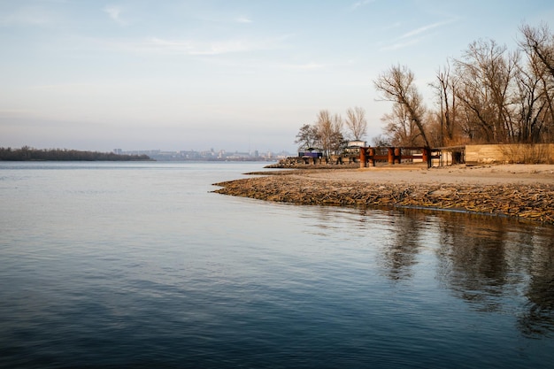 Zaporizhzhia Ukraine January 20th 2023 A strong drop in the water level in the Dnieper River