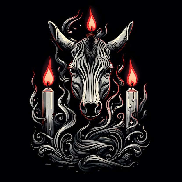 얼룩말과 양초 티셔츠 문신 디자인 검은 배경에 고립된 어두운 예술 그림