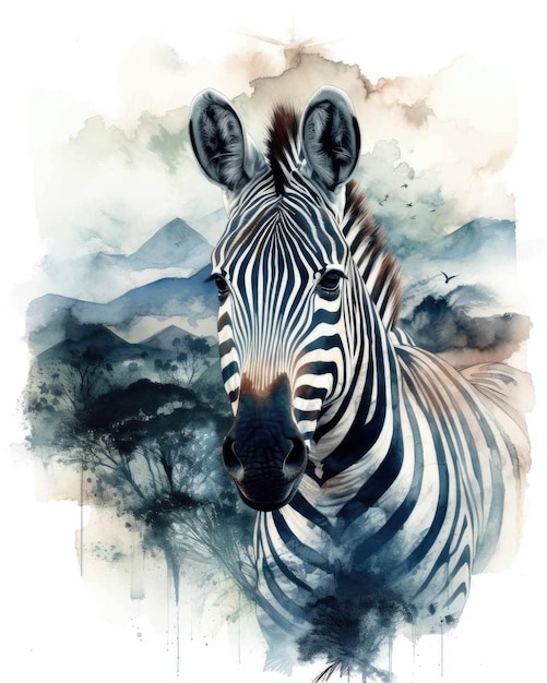 Photo zebra double exposure of a zebra and nature mountains trees in watercolor art