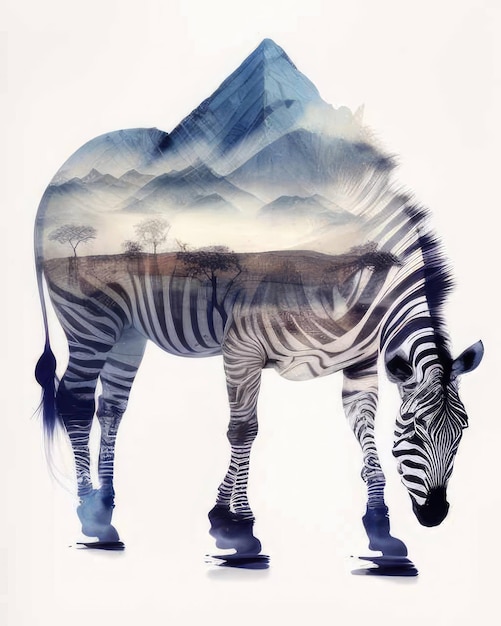 Photo zebra double exposure of a zebra and nature mountains trees in watercolor art