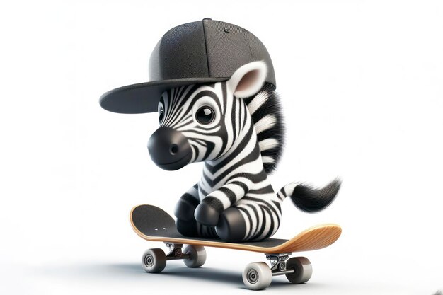 Zebra draagt een pet op een skateboard op een witte achtergrond