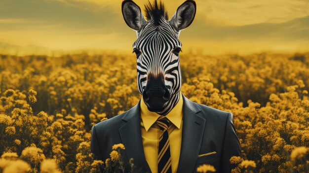 Zebra dressed in a suit in a fantastical field of blossoming yellow flowers