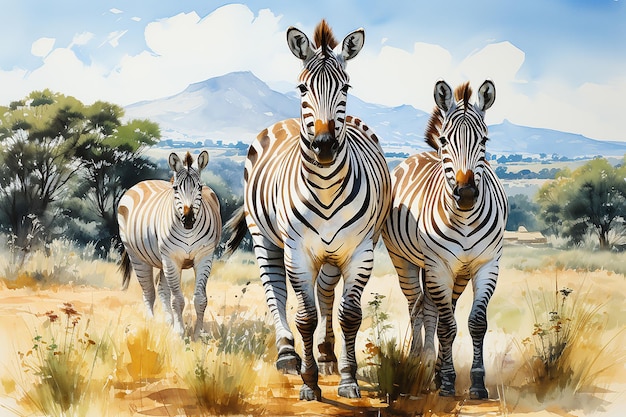 Zebra family in the wild drawn with watercolor