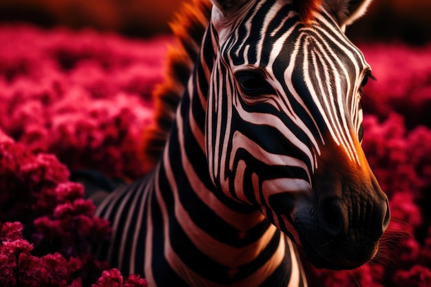 A zebra in a field of flowers
