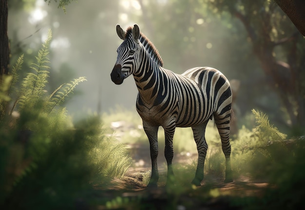 A zebra in a forest with the sun shining on it