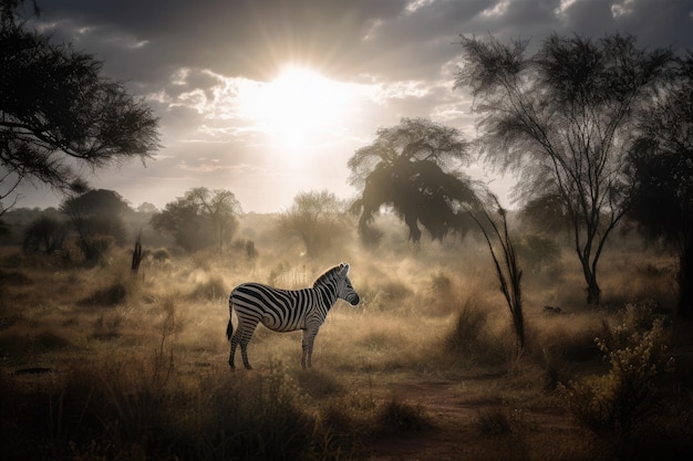 Zebra gracefully standing out in the vast savannah generative IA