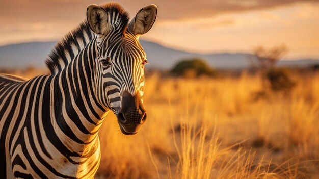 A zebra grazing in the golden light of the African savannah