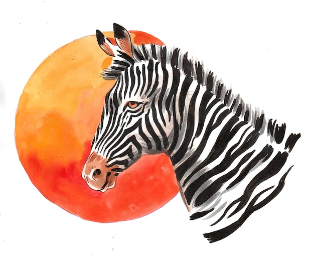 Zebra head and the sun. Ink and watercolor drawing