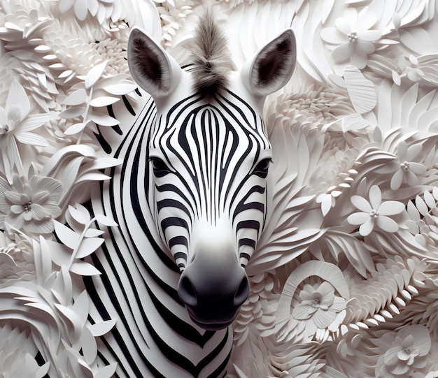 Photo zebra head on a wall made of paper flowers and leaves generative ai