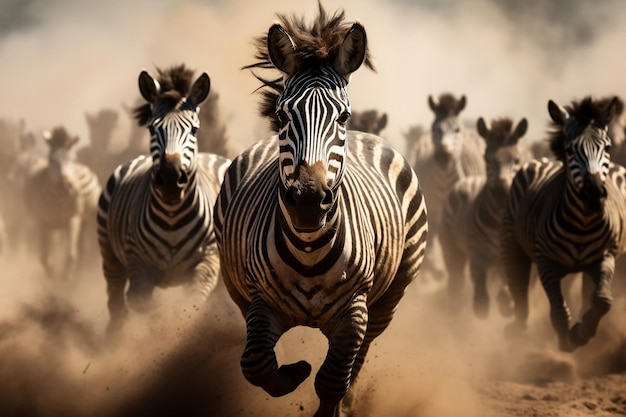 Zebra Herd Galloping through a Dusty Expanse Generative AI