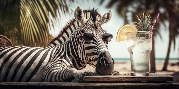 Zebra is op zomervakantie in de badplaats en ontspant op het zomerstrand