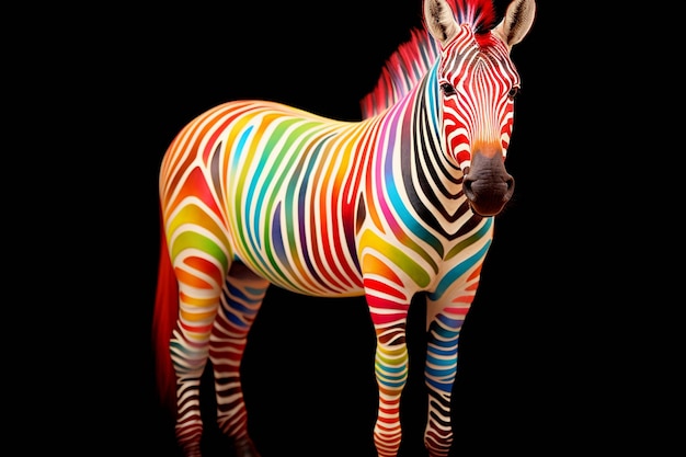 Photo a zebra is painted in colorful colors and has a colorful tail.