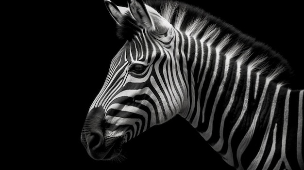 A zebra is shown in black and white with a black background.