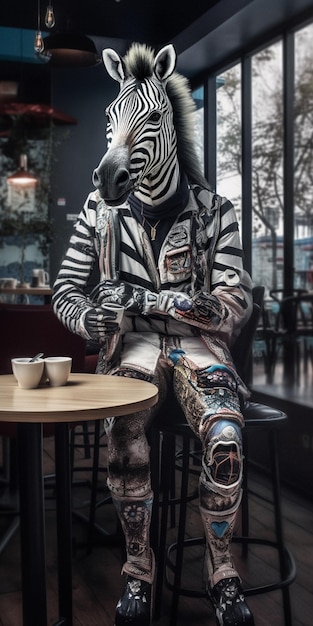 A zebra is sitting on a stool in front of a window.